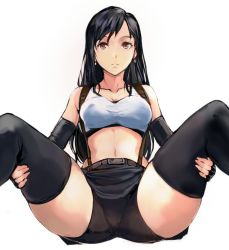 Rule 34 | 1girl, bare shoulders, belt, bike shorts, black hair, black shorts, black skirt, breasts, brown eyes, commentary request, earrings, final fantasy, final fantasy vii, final fantasy vii remake, fingerless gloves, gloves, jewelry, kamisimo 90, large breasts, long hair, midriff, miniskirt, navel, parted lips, pencil skirt, shirt, shorts, shorts under skirt, skirt, spread legs, suspender skirt, suspenders, tank top, taut clothes, taut shirt, thighhighs, thighs, tifa lockhart
