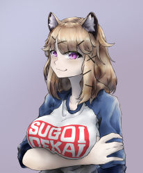 Rule 34 | 1girl, absurdres, animal ear fluff, animal ears, arknights, bad id, bad pixiv id, breasts, brown hair, clothes writing, commentary, cosplay, english commentary, gradient background, hair ornament, highres, large breasts, long hair, looking at viewer, meme attire, purple background, purple eyes, raglan sleeves, shirt, smile, solo, sugoi dekai, t-shirt, upper body, utage (arknights), uzaki-chan wa asobitai!, uzaki hana, uzaki hana (cosplay), vyragami, x hair ornament
