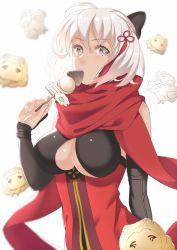 Rule 34 | 1girl, ahoge, akapug621, bad id, bad pixiv id, black bow, black sleeves, bow, breasts, cleavage, cleavage cutout, clothing cutout, detached sleeves, fate (series), food, grey eyes, hair between eyes, hair bow, hair ribbon, holding, holding food, koha-ace, large breasts, long sleeves, looking at viewer, okita souji (fate), okita souji alter (fate), okita souji alter (first ascension) (fate), red ribbon, red scarf, ribbon, scarf, short hair, silver hair, solo, upper body