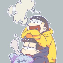 Rule 34 | 2boys, bag, black eyes, black hoodie, black sweater, blunt bangs, breath, brothers, brown hair, cold, grey background, half-closed eyes, happy, heart, heart in mouth, holding, holding bag, hood, hood down, hoodie, japanese text, lowres, matsuno ichimatsu, matsuno jyushimatsu, multiple boys, open mouth, osomatsu-san, osomatsu (series), outline, oyama yoihaya, short hair, siblings, simple background, sitting, sleeves past fingers, sleeves past wrists, smile, standing, sweater, translation request, upper body, white outline, wide-eyed, winter clothes, yellow hoodie, yellow sweater