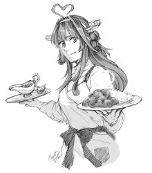 Rule 34 | 1girl, ahoge, alternate costume, apron, breasts, commentary request, cropped torso, curry, curry rice, dated, double bun, food, greyscale, grin, hair bun, hair over shoulder, hairband, headgear, heart, heart ahoge, holding, holding plate, jewelry, kantai collection, kongou (kancolle), kongou kai ni (kancolle), long hair, long sleeves, looking at viewer, monochrome, parted lips, plate, rice, ring, sash, signature, simple background, smile, solo, steam, sweater, turtleneck, turtleneck sweater, wedding band, white background, yamada rei (rou)