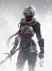 1girl aleksandra_skiba belt blood breasts ciri commentary english_commentary gloves green_eyes highres holding jewelry long_hair looking_at_viewer medium_breasts pants scar scar_on_face snow solo sword the_witcher_(series) the_witcher_4 weapon white_hair