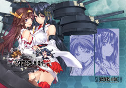 Rule 34 | 10s, 4girls, ahoge, bare shoulders, black hair, black legwear, blush, breasts, brown hair, cannon, detached sleeves, double bun, fusou (kancolle), hair bun, hair ornament, hairband, headgear, hiei (kancolle), holding hands, interlocked fingers, japanese clothes, kantai collection, kongou (kancolle), large breasts, long hair, mini person, minigirl, multiple girls, nontraditional miko, obi, open mouth, personification, purple eyes, red eyes, sash, short hair, skirt, smile, sumeragi hamao, text focus, thighhighs, turret, very long hair, yamashiro (kancolle)