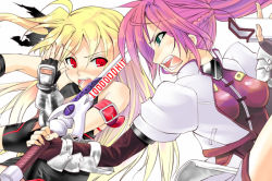 Rule 34 | 00s, 2girls, armlet, battle, black gloves, blonde hair, blush, boshinote, breasts, buckle, capelet, elbow gloves, eye contact, fate testarossa, fate testarossa (sonic form), gauntlets, gloves, green eyes, holding, holding sword, holding weapon, laevatein (nanoha), looking at another, lyrical nanoha, mahou shoujo lyrical nanoha, mahou shoujo lyrical nanoha a&#039;s, milestone celebration, multiple girls, pink hair, red eyes, signum, sword, upper body, weapon