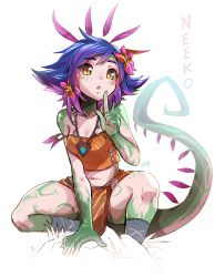 Rule 34 | absurdres, bare shoulders, blue hair, bodypaint, breasts, character name, cleavage, finger to mouth, flipped hair, flower, hair flower, hair ornament, highres, league of legends, midriff, navel, neeko (league of legends), purple hair, shushing, simple background, slit pupils, small breasts, sollyz, solo, spread legs, squatting, strap slip, tail, tank top, white background, yellow eyes
