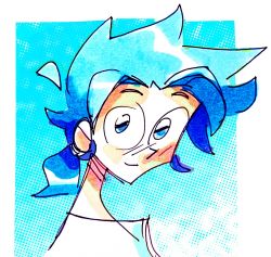 Rule 34 | blue-haired boy (how to draw manga), blue background, blue eyes, blue hair, blue theme, blush, border, charlie bryant, closed mouth, derivative work, forehead, hair intakes, hair tie, happy, highres, how to draw manga, looking at viewer, matching hair/eyes, outside border, shirt, short hair, simple background, sketch, smile, upper body, white border, white shirt