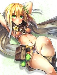 Rule 34 | 1girl, armpits, bag, belt, blonde hair, blush, boots, breasts, clover hair ornament, covered erect nipples, cowboy shot, flower knight girl, green eyes, hair ornament, highres, katabami (flower knight girl), looking at viewer, midriff, navel, panties, scarf, shiny skin, short hair, skirt, small breasts, smile, solo, underwear, usuki (graygreed), white background, white panties