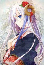 Rule 34 | 1girl, 2015, blue eyes, blue hair, camellia, floral background, flower, from side, hair between eyes, hair flower, hair ornament, hairclip, hand on own chest, streaked hair, horns, japanese clothes, long hair, looking at viewer, mikoto kei, multicolored hair, new year, original, parted lips, profile, red flower, shawl, solo, two-tone hair, upper body, white hair