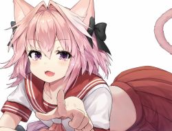 Rule 34 | 1boy, animal ears, astolfo (fate), astolfo (sailor paladin) (fate), blush, braid, cat boy, cat ears, cat tail, fang, fate/grand order, fate (series), hair intakes, hair ribbon, highres, long hair, lying, male focus, official alternate costume, on stomach, open mouth, pink hair, pointing, purple eyes, ribbon, school uniform, serafuku, single braid, smile, tail, trap, vsi0v