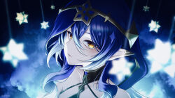 Rule 34 | 1girl, artist name, blue hair, blue hood, bright pupils, cloud, collarbone, colored tips, dark background, drill hair, drill sidelocks, genshin impact, gold choker, gold trim, hair between eyes, highres, hood, hood up, jewelry, layla (genshin impact), long bangs, long hair, looking at viewer, multicolored hair, neck ring, nisikm, parted lips, pointy ears, portrait, red lips, sidelocks, solo, stellated octahedron, twin drills, white pupils, yellow eyes
