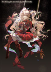 Rule 34 | 1girl, arknights, asymmetrical legwear, black background, blurry, bokeh, boots, bow, bowtie, depth of field, english text, frilled skirt, frills, hair bow, highres, holding, holding microphone, ikag, jacket, long hair, looking at viewer, microphone, mismatched legwear, necktie, official alternate costume, orange hair, pinecone (arknights), pinecone (sing a song) (arknights), red bow, red footwear, red jacket, red neckwear, red skirt, red socks, shirt, single sock, single thighhigh, skirt, socks, solo, swing, thighhighs, twintails, very long hair, white shirt
