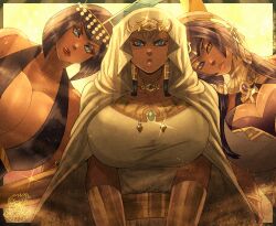 Rule 34 | 3girls, absurdres, ankh, black hair, blue eyes, bob cut, breasts, candace (genshin impact), circlet, cleavage, cleavage cutout, clothing cutout, collarbone, crossover, dark-skinned female, dark skin, egyptian, egyptian clothes, eliza (skullgirls), genshin impact, heterochromia, highres, hood, hood up, huge breasts, ishizu ishtar, jewelry, kbloodsaw, large breasts, licking lips, lips, long hair, looking at viewer, multiple girls, necklace, purple hair, red lips, short hair, skullgirls, tiara, tongue, tongue out, upper body, usekh collar, vambraces, yellow eyes, yu-gi-oh!