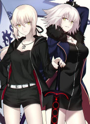 Rule 34 | 2girls, ahoge, arm up, artoria pendragon (all), artoria pendragon (fate), banner, belt, black dress, black jacket, black shorts, black tank top, blonde hair, blue coat, breasts, closed mouth, coat, dress, excalibur morgan (fate), fate/grand order, fate (series), fur-trimmed coat, fur trim, highres, jacket, jeanne d&#039;arc (fate), jeanne d&#039;arc alter (fate), jeanne d&#039;arc alter (ver. shinjuku 1999) (fate), jewelry, large breasts, looking at viewer, multiple girls, necklace, official alternate costume, open clothes, open coat, open jacket, open mouth, saber alter, saber alter (ver. shinjuku 1999) (fate), shigure s, short dress, short hair, shorts, slit pupils, sword, tank top, thighs, weapon, white background, wicked dragon witch ver. shinjuku 1999, yellow eyes