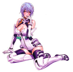 Rule 34 | 1girl, adapted costume, aged up, alternate breast size, arm support, ayanami rei, blue hair, breasts, cleavage, cleavage cutout, clothing cutout, elbow gloves, from side, full body, gloves, hair between eyes, half-closed eyes, halterneck, highres, invisible chair, large breasts, leaning to the side, leotard, neon genesis evangelion, plugsuit, purple hair, red eyes, short hair, simple background, sitting, solo, thighhighs, thighs, white background, white thighhighs, wide hips, wild flower, yamashita shun&#039;ya