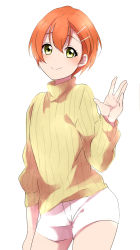 Rule 34 | 10s, 1girl, blush, hair ornament, hairclip, highres, hoshizora rin, love live!, love live! school idol project, orange hair, ribbed sweater, sekina, short hair, simple background, smile, solo, sweater, turtleneck, white background