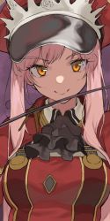 Rule 34 | 1girl, bad id, bad twitter id, blunt bangs, fate/grand order, fate (series), hat, long hair, looking at viewer, medb (alluring chief warden look) (fate), medb (fate), peaked cap, pink hair, purple background, riding crop, uzubilla, yellow eyes