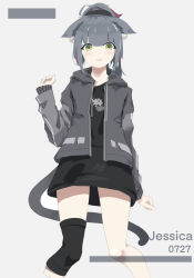 Rule 34 | 1girl, absurdres, animal ears, arknights, black hair, black shirt, black skirt, blush, cat ears, cat girl, cat tail, character name, feet out of frame, floppy ears, green eyes, grey jacket, hand up, highres, jacket, jessica (arknights), knee pads, long hair, long sleeves, looking at viewer, lyus010, multicolored hair, open clothes, open jacket, parted lips, ponytail, purple hair, shirt, single knee pad, skirt, solo, streaked hair, tail, wavy mouth