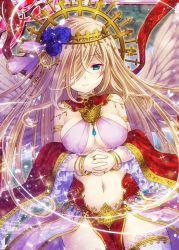 Rule 34 | 1girl, angel, angel wings, arabian clothes, bare shoulders, blonde hair, blue flower, blue rose, breasts, collaboration, crown, falkyrie no monshou, flower, green eyes, hair flower, hair ornament, hair over one eye, large breasts, official art, own hands together, rose, shinkai no valkyrie, soukuu kizuna, wings, zaphkiel (falkyrie no monshou)