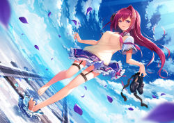 Rule 34 | 1girl, ahoge, barefoot, black footwear, blue skirt, blue sky, clothes lift, cloud, collared shirt, day, dutch angle, feet, floating hair, frilled skirt, frills, full body, garter straps, hair between eyes, hair intakes, highres, holding, holding shoes, loafers, long hair, looking at viewer, miniskirt, nanaka mai, ocean, outdoors, petals, pleated skirt, purple eyes, purple hair, railroad tracks, roke rabu location love densha x doukyuusei, school uniform, shirt, shoes, unworn shoes, short sleeves, skirt, skirt lift, sky, soles, solo, sweater, sweater vest, thigh strap, toes, very long hair, white shirt, wind, wind lift, wing collar, yellow sweater