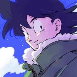 Rule 34 | 1boy, backlighting, black eyes, black hair, blue sky, blurry, blurry background, close-up, closed mouth, cloud, cloudy sky, day, depth of field, dragon ball, dragonball z, facing viewer, floating hair, fur-trimmed jacket, fur trim, green jacket, high collar, jacket, kz (dbz kz), light particles, light smile, looking back, male focus, sideways glance, sky, solo, son goku, upper body, wind, wind lift, winter clothes, zipper