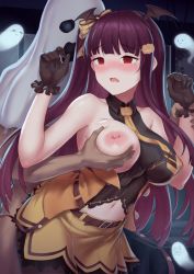Rule 34 | 1boy, 1girl, bare arms, bare shoulders, belt, blush, grabbing another&#039;s breast, breasts, brown belt, ghost, girls&#039; frontline, gloves, grabbing, hair ornament, hands up, highres, large breasts, long hair, mingke, navel, nipples, official alternate costume, parted lips, purple hair, red eyes, side ponytail, skirt, solo focus, wa2000 (girls&#039; frontline), wa2000 (haunted castle) (girls&#039; frontline), yellow skirt