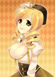 Rule 34 | 10s, 1girl, areola slip, argyle, argyle background, argyle clothes, blonde hair, breasts, cleavage, drill hair, female focus, large breasts, magical girl, mahou shoujo madoka magica, no bra, smile, solo, tomoe mami, tomoe mami (magical girl), twin drills