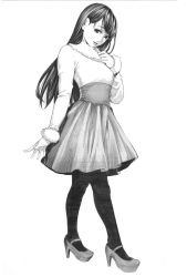 Rule 34 | 1girl, eyelashes, fur-trimmed sleeves, fur trim, greyscale, hatching (texture), high heels, highres, long eyelashes, long hair, makeup, monochrome, original, pantyhose, parted lips, simple background, skirt, smile, solo, sorasorarian, white background