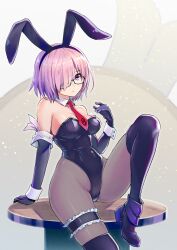Rule 34 | 1girl, animal ears, bare shoulders, black thighhighs, breasts, detached sleeves, fake animal ears, fate (series), glasses, gloves, highres, honshiro nikori, large breasts, leotard, looking at viewer, mash kyrielight, necktie, one eye covered, one leg raised, pink hair, playboy bunny, serious, shoes, sitting, table, thighhighs, thighs