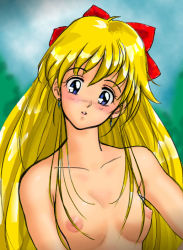 Rule 34 | 1990s (style), 1girl, aino minako, bishoujo senshi sailor moon, blonde hair, blush, breasts, hair ribbon, medium breasts, nipples, nude, ribbon, solo