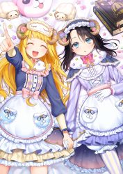 Rule 34 | 2girls, :d, :o, ^ ^, apron, argyle, bad id, bad pixiv id, bang dream!, bed sheet, black hair, blonde hair, bloomers, blue eyes, blue flower, book, bow, bowtie, capelet, closed eyes, crescent, dress, flower, frilled apron, frilled capelet, frilled dress, frilled hairband, frills, fur trim, gloves, group name, hair flower, hair ornament, hairband, highres, holding hands, horns, lolita hairband, long hair, long sleeves, lying, michelle (bang dream!), minori (faddy), multiple girls, okusawa misaki, on back, open mouth, pantyhose, petals, pink flower, pink neckwear, pointing, pom pom (clothes), sheep horns, sleep mask, smile, star (symbol), striped clothes, striped legwear, striped pantyhose, stuffed animal, stuffed sheep, stuffed toy, tsurumaki kokoro, underwear, vertical-striped clothes, vertical-striped legwear, vertical-striped pantyhose, waist apron, white gloves