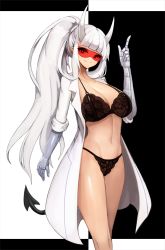 Rule 34 | 1girl, bare legs, black bra, black panties, blunt bangs, bra, breasts, cleavage, closed eyes, closed mouth, collarbone, demon girl, demon horns, demon tail, feet out of frame, glasses, goggles, helltaker, high ponytail, highres, horns, index finger raised, lab coat, large breasts, long hair, looking at viewer, loremaster (helltaker), multicolored hair, navel, notte, open clothes, panties, prosthesis, prosthetic arm, red-tinted eyewear, red-tinted glasses, red eyes, silver hair, smile, solo, standing, stomach, sunglasses, tail, thighs, tinted eyewear, two-tone hair, underwear, very long hair, visor