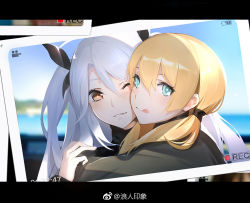 Rule 34 | 2girls, :q, azur lane, blonde hair, blue eyes, blurry, bright pupils, brown eyes, crossover, day, depth of field, from behind, hair between eyes, hair over shoulder, historical name connection, hug, kantai collection, letterboxed, long hair, looking at viewer, looking back, low twintails, multiple girls, name connection, narcolepsy-1900, one eye closed, outdoors, parted lips, photo (object), prinz eugen (azur lane), prinz eugen (kancolle), silver hair, smile, tongue, tongue out, turtleneck, twintails, two side up, weibo watermark, white pupils