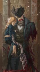 Rule 34 | 1boy, 1girl, amputee, belt, biting, blonde hair, blood, blood on clothes, blood on face, blood splatter, blood vial, bloodborne, blue coat, bow, carrying, carrying person, coat, hair bow, hat, hat over eyes, high collar, highres, hunter (bloodborne), long coat, long hair, missing limb, multiple belts, pants, saw, saw cleaver, scarf, severed arm, severed limb, shirt, standing, strap, tricorne, vial, weapon, white shirt, yujia0412