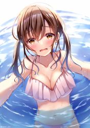 Rule 34 | 1girl, bare arms, bare shoulders, bikini, blush, breasts, brown eyes, brown hair, cleavage, collarbone, commentary request, large breasts, long hair, looking at viewer, navel, open mouth, original, partially submerged, pink bikini, reaching, reaching towards viewer, sakura hiyori, solo, standing, swimsuit, twintails, water, wet, wet hair