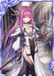 Rule 34 | 1girl, akkijin, aura, black gloves, boots, breasts, card (medium), gloves, hair ornament, high heel boots, high heels, holding, holding weapon, indoors, jewelry, long hair, medium breasts, necklace, pink hair, priestess, red eyes, shinkai no valkyrie, solo, staff, sunlight, temple, weapon