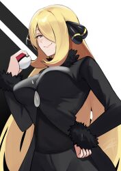 Rule 34 | 1girl, black background, black coat, black pants, black shirt, breasts, coat, creatures (company), cynthia (pokemon), game freak, hair over one eye, hand on own hip, highres, holding, holding poke ball, large breasts, long hair, looking at viewer, nintendo, pants, poke ball, pokemon, pokemon dppt, shirt, smile, solo, two-tone background, upper body, white background, zet (twt zet)