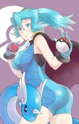 Rule 34 | 00s, 1girl, alternate color, artist request, ass, bare shoulders, blue eyes, blue hair, blush, bodysuit, breasts, cameltoe, cape, choker, clair (pokemon), creatures (company), dragonair, embarrassed, game freak, gen 1 pokemon, gloves, gym leader, large breasts, long hair, looking at viewer, nintendo, poke ball, pokemon, pokemon (creature), pokemon hgss, ponytail, shiny clothes, sideboob, skin tight, sweatdrop