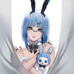 Rule 34 | 1girl, angon623, animal, animal ears, black-framed eyewear, black nails, blue eyes, blue hair, blunt bangs, blunt ends, bob cut, bow, bowtie, cat, clothed animal, collarbone, crossed arms, curtains, detached collar, glasses, hair ornament, hands on own shoulders, labyrinth (path to nowhere), looking over eyewear, mechanical ears, mole, mole on cheek, nail polish, nude, open mouth, path to nowhere, rabbit ears, seams, semi-rimless eyewear, short hair, simple background, solo, straight-on, upper body, white background, white cat, x hair ornament