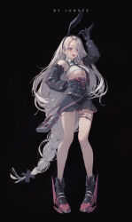 Rule 34 | 1girl, :d, absurdly long hair, absurdres, anchor symbol, animal ears, arm up, artist name, azur lane, black background, black footwear, black gloves, black hairband, black necktie, black skirt, black sleeves, blush, boots, braid, breasts, collared shirt, crop top, cross, detached sleeves, fake animal ears, full body, gloves, hair ornament, hair over one eye, hair ribbon, hairband, hand on own hip, high-waist skirt, highres, jgl, large breasts, legs, long hair, long sleeves, miniskirt, necktie, open mouth, parted bangs, pleated skirt, prinz heinrich (azur lane), rabbit ears, red eyes, ribbed shirt, ribbon, shirt, sidelocks, simple background, single braid, skirt, smile, solo, standing, teeth, thigh strap, thighs, underboob, upper teeth only, very long hair, white hair, white shirt