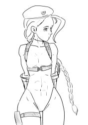 Rule 34 | 1girl, abs, ahoge, alternate breast size, armor, arms behind back, beret, braid, buckle, cammy white, covered navel, cowboy shot, expressionless, flat chest, greyscale, groin, hat, highleg, highleg leotard, highres, hip focus, holster, huge ahoge, leotard, lesser (artist), long hair, looking to the side, monochrome, shoulder holster, simple background, single braid, sketch, skin tight, solo, street fighter, street fighter v, thigh holster, thigh strap, toned, turtleneck, twin braids, vambraces, very long hair