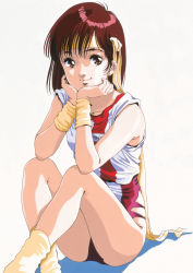 Rule 34 | 1980s (style), 1girl, head rest, gainax, headband, highres, crossed legs, leotard, looking at viewer, mikimoto haruhiko, official art, retro artstyle, red eyes, red hair, retro artstyle, scan, scarf, shadow, simple background, sitting, smile, solo, takaya noriko, top wo nerae!, white background, yellow legwear