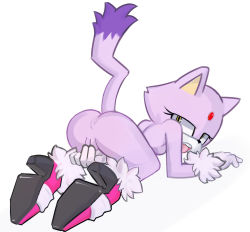 Rule 34 | 1girl, all fours, animal ears, anus, ass, between legs, blaze the cat, breasts, cat ears, cat tail, cleft of venus, female focus, filthypaladin, fingering, from behind, full body, fur trim, furry, furry female, gloves, half-closed eyes, hand between legs, high heels, highres, looking at viewer, looking back, nude, open mouth, pink footwear, presenting, pussy, shoes, simple background, small breasts, solo, sonic (series), tail, teeth, tongue, tongue out, uncensored, white background, white gloves, yellow eyes
