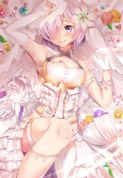 Rule 34 | 1girl, alternate costume, armlet, armpits, asymmetrical gloves, blush, breasts, bridal gauntlets, bridal veil, cleavage, cleavage cutout, clothing cutout, cowboy shot, dog, dress, elbow gloves, fate/grand order, fate (series), flower, gloves, hair flower, hair ornament, hair over one eye, hand on own head, highres, jewelry, lace, lace-trimmed legwear, lace trim, light purple hair, looking at viewer, lying, mash kyrielight, medium breasts, nahaki, on back, pleated dress, pleated skirt, purple eyes, short hair, single thighhigh, skirt, sleeveless, smile, solo, thigh strap, thighhighs, uneven gloves, veil, white gloves, white thighhighs