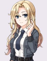 Rule 34 | 1girl, belt, belt buckle, black belt, black necktie, blonde hair, blue eyes, bomber jacket, breasts, buckle, commentary request, company connection, dress shirt, grey background, hornet (kancolle), jacket, kantai collection, karuna (madlax), long hair, looking at viewer, medium breasts, necktie, shirt, simple background, smile, solo, upper body, white shirt