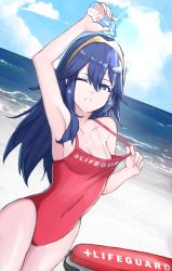 Rule 34 | 1girl, absurdres, alternate costume, baywatch, beach, blue eyes, blue hair, blush, breasts, day, fire emblem, fire emblem awakening, grimmelsdathird, hair between eyes, highres, lifeguard, long hair, looking at viewer, lucina (fire emblem), nintendo, one-piece swimsuit, one eye closed, red one-piece swimsuit, simple background, sky, small breasts, solo, swimsuit, symbol-shaped pupils, tan, tanline, tiara, wet