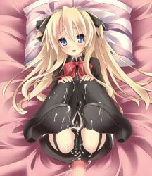 Rule 34 | 1girl, ass, bad id, bad pixiv id, bed, black panties, blonde hair, blue eyes, blush, censored, cum, cum on ass, cum on body, cum on clothes, cum on lower body, feet, foot focus, from above, garter belt, hair ribbon, high heels, knees to chest, lingerie, long hair, looking at viewer, lying, mosaic censoring, open mouth, panties, penis, quiz magic academy, ribbon, ryo (botugo), shalon, shoes, skirt, solo, solo focus, tears, thighhighs, underwear
