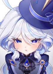 Rule 34 | 1girl, :i, absurdres, ahoge, ascot, black ascot, blue eyes, blue hair, blue hat, blue jacket, brooch, chabi009, commentary, furina (genshin impact), genshin impact, hat, highres, jacket, jewelry, long hair, looking at viewer, multicolored hair, revision, solo, streaked hair, top hat, upper body, white hair
