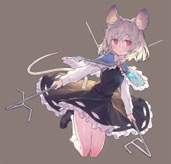 Rule 34 | 1girl, animal ear fluff, animal ears, bare legs, black skirt, black vest, blue capelet, blush, brown background, capelet, closed mouth, collared shirt, commentary, dowsing rod, expressionless, full body, hair between eyes, legs together, long sleeves, looking at viewer, mouse ears, mouse tail, nazrin, red eyes, shirt, shoes, short hair, silver hair, simple background, skirt, skirt set, socks, solo, tail, thighs, touhou, vest, white shirt, wing collar, yamamomo (plank)