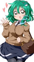 Rule 34 | 1girl, alternate costume, alternate hair length, alternate hairstyle, bag, between breasts, blue skirt, breasts, bwell, contemporary, contrapposto, cowboy shot, frog hair ornament, green eyes, green hair, grey pantyhose, hair ornament, hand up, handbag, heart, highres, kochiya sanae, looking at viewer, medium breasts, open hand, open mouth, pantyhose, school uniform, short hair, simple background, skirt, sleeves past wrists, snake hair ornament, solo, standing, sweater, touhou, waving, white background