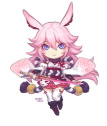 Rule 34 | 1girl, animal ears, artist name, boots, chibi, closed mouth, commentary, english commentary, fox ears, fox mask, full body, highres, holding, holding sword, holding weapon, honkai (series), honkai impact 3rd, japanese clothes, katana, kimono, kutty-sark, long hair, looking at viewer, mask, nontraditional miko, obi, pink hair, pink skirt, pleated skirt, purple eyes, purple footwear, ribbon-trimmed sleeves, ribbon-trimmed thighhighs, ribbon trim, sash, short kimono, simple background, skirt, solo, sword, thighhighs, weapon, white background, white kimono, white sleeves, white thighhighs, yae sakura, yae sakura (gyakushinn miko)